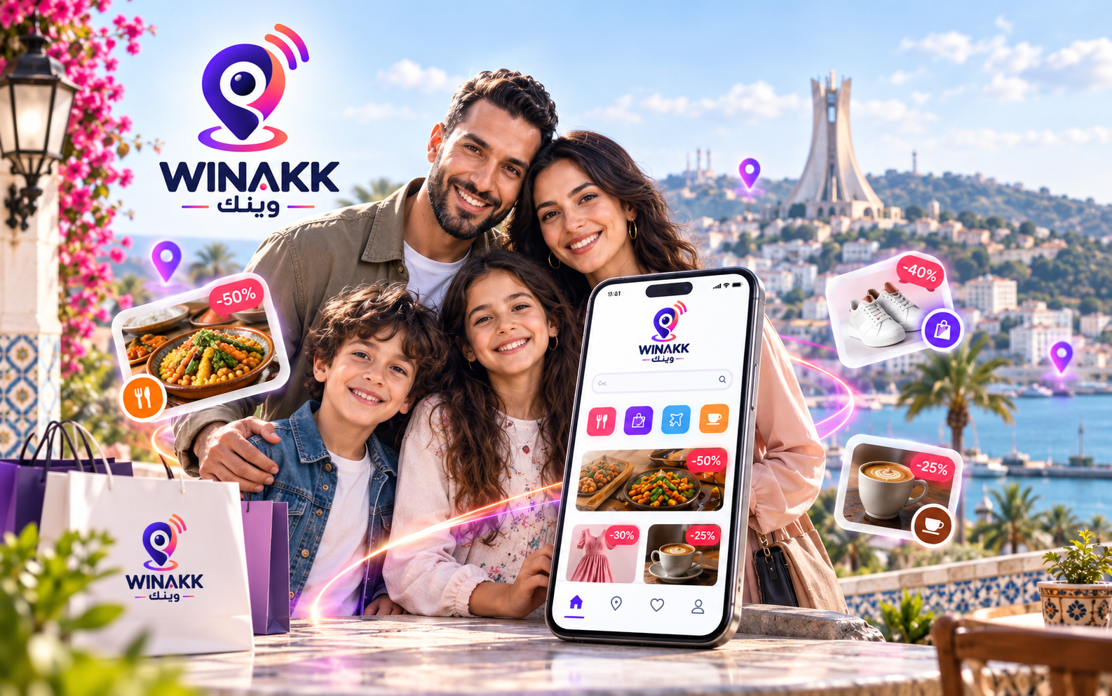 عائلة جزائرية على شرفة تطل على خليج الجزائر ومقام الشهيد، وأمامها هاتف يعرض عروض وينك القريبة.